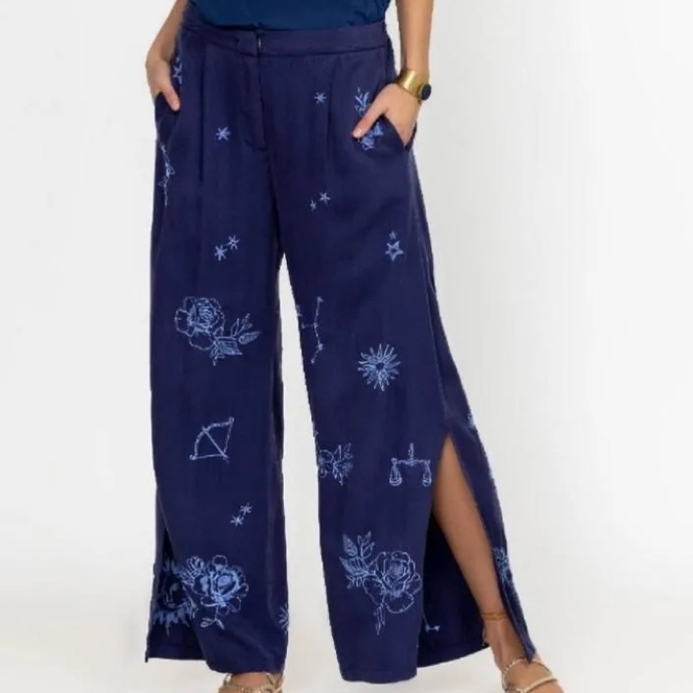 NWT Sold Out JOHNNY WAS BIJOU HIGH SLIT PANT Boho Celestial Embroidered Size XL